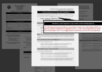 An excerpt of a multipage document reads, “Optional delinquency qualification worksheets: The following sections are provided as a convenience to assist you in determining whether you meet the minimum qualifications established in O.A.C. 120-1-10 for appointment to various levels of delinquency cases. You are not required to submit these sections with your application.”