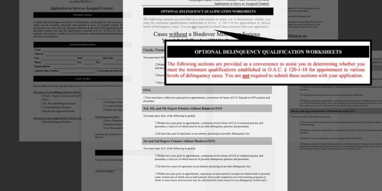 An excerpt of a multipage document reads, “Optional delinquency qualification worksheets: The following sections are provided as a convenience to assist you in determining whether you meet the minimum qualifications established in O.A.C. 120-1-10 for appointment to various levels of delinquency cases. You are not required to submit these sections with your application.”