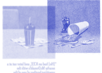 A blue-toned illustration shows a crushed beer can next to a spilled cup and a quote that says: “The Big Gulp was never really empty.” The illustration is layered over another blurry, blue-toned illustration of a slushie cup on top of crumpled napkins.