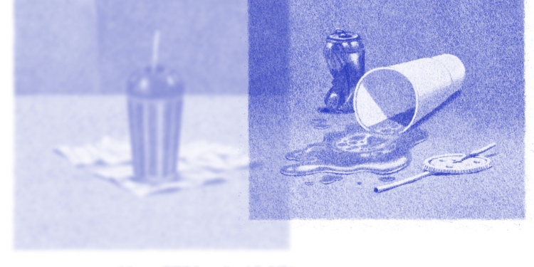 A blue-toned illustration shows a crushed beer can next to a spilled cup and a quote that says: “The Big Gulp was never really empty.” The illustration is layered over another blurry, blue-toned illustration of a slushie cup on top of crumpled napkins.