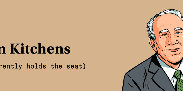 An illustration of Jim Kitchens, a White man with gray-white hair, wearing a suit and tie.