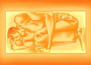 An illustration shows a yellow and orange illustration of a person, wearing a tank top, pants and shoes, laying down in a fetal position within a box.