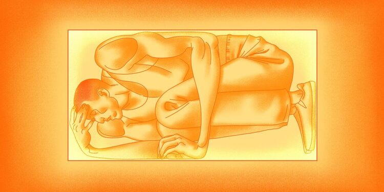 An illustration shows a yellow and orange illustration of a person, wearing a tank top, pants and shoes, laying down in a fetal position within a box.