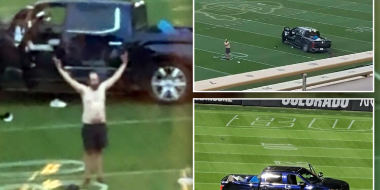 Shirtless suspect drives onto University of Colorado football field after nearly striking bystander in hit-and-run rampage