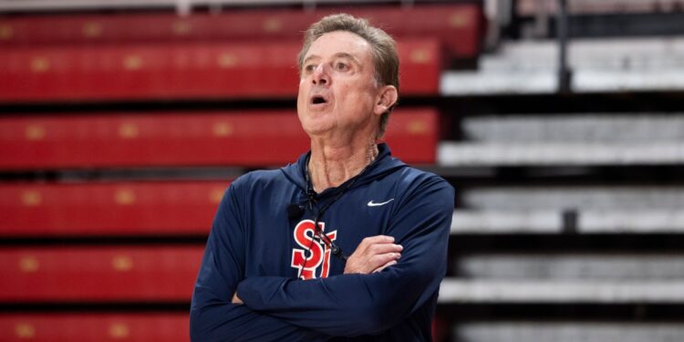 Rick Pitino gives instruction as the St Johns Red Storm mens basketball team host an open practice in Carnesecca Arena at St Johns.