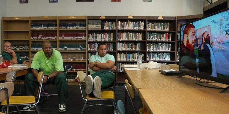 Three men wearing shades of green sit on the left while watching a film playing on a TV screen on the right. Behind the men are bookshelves filled with books.