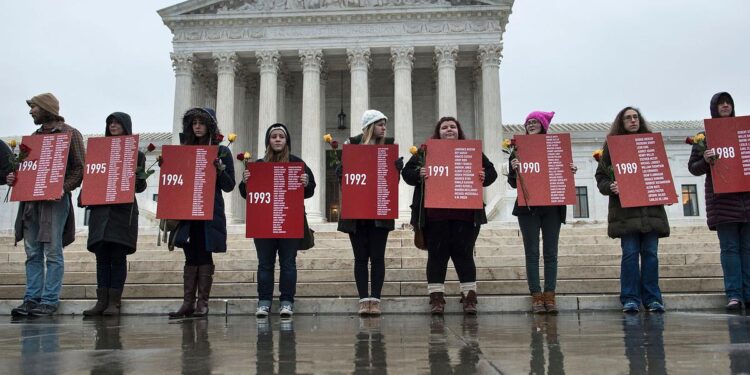 A photo of nine people holding red signs with dates and names in front of a white, columned marble building.
