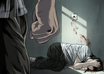 An illustration mostly in muted green, white and peach tones shows Grace Pinson, a trans Latina, lying on the ground in a fetal position, with one hand over her face. Blood is smeared on the wall and the ground near her head. A call button appears ripped out of the wall behind her. A man looms in the foreground with a closed fist.