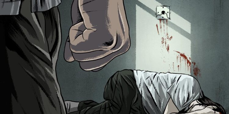 An illustration mostly in muted green, white and peach tones shows Grace Pinson, a trans Latina, lying on the ground in a fetal position, with one hand over her face. Blood is smeared on the wall and the ground near her head. A call button appears ripped out of the wall behind her. A man looms in the foreground with a closed fist.