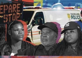A photo collage shows, from left, Vanika Burks, a Black woman with a bomber jacket; Cornelius Love, a Black man with a plain baseball cap; and Asia Barton, a Black woman wearing a New York Yankees cap, all in grayscale tones, at the bottom of the frame. Behind them are a digital sign that reads “Prepare to Stop,” a white Cleveland Police truck and a man facing away from the viewer in a yellow vest that reads “Police” on the back.