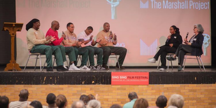 Incarcerated jury members interview Contessa Gayles, director of “Songs From the Hole,” and Mindy Goldberg, producer of “Daughters,” at the Sing Sing film festival.