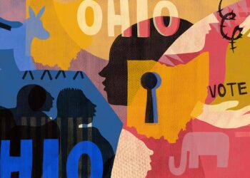 An illustration shows, from left: The silhouettes of three people against a blue background with the word "Ohio" layered over the bottom of the silhouettes; a gavel in black; a pale blue shape of a donkey symbolizing Democrats; a simplified indication of barbed wire in the shape of four upside-down "v"s; a keyhole over a map of Ohio in marigold yellow; and a pale pink shape of an elephant symbolizing Republicans against a coral-colored background in the bottom-right section of the illustration.