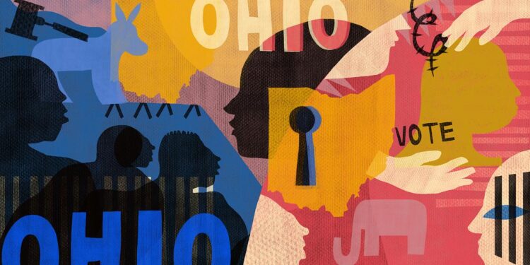 An illustration shows, from left: The silhouettes of three people against a blue background with the word "Ohio" layered over the bottom of the silhouettes; a gavel in black; a pale blue shape of a donkey symbolizing Democrats; a simplified indication of barbed wire in the shape of four upside-down "v"s; a keyhole over a map of Ohio in marigold yellow; and a pale pink shape of an elephant symbolizing Republicans against a coral-colored background in the bottom-right section of the illustration.
