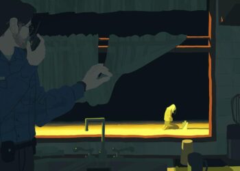 An illustration shows a police officer standing inside of a dark, blue and green kitchen holding a walkie-talkie while looking outside the window. Outside the window, a woman is kneeling, with bright yellow light on her as she looks at a small grave.