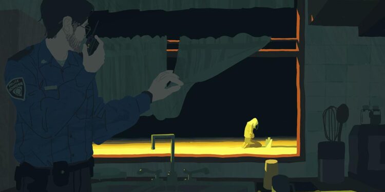 An illustration shows a police officer standing inside of a dark, blue and green kitchen holding a walkie-talkie while looking outside the window. Outside the window, a woman is kneeling, with bright yellow light on her as she looks at a small grave.