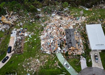 Aerial view of destroyed houses in Port St Lucie, Florida due to a tornado caused by Hurricane Milton.