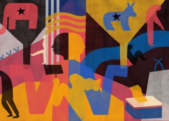 An illustration shows, from left, an elephant symbolizing Republicans; simplified figures including a person stepping out with vertical bars to their right, crossed by wavy lines suggesting a flag; a woman holding a sign; a donkey symbolizing Democrats; a ballot box; and hints of barbed wire on either side of the drawing. The color scheme of the drawing is in marigold yellow, coral, blue, black and light gray.