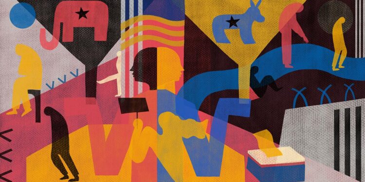 An illustration shows, from left, an elephant symbolizing Republicans; simplified figures including a person stepping out with vertical bars to their right, crossed by wavy lines suggesting a flag; a woman holding a sign; a donkey symbolizing Democrats; a ballot box; and hints of barbed wire on either side of the drawing. The color scheme of the drawing is in marigold yellow, coral, blue, black and light gray.