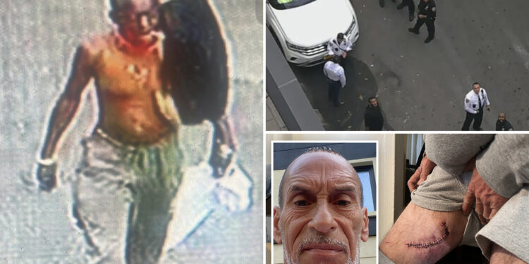 Shirtless whacko knifes two men when they catch him tossing trash on their sidewalk: cops