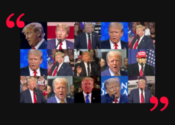 A combination of 15 screenshots of former President Donald Trump speaking at various events, wearing a suit and tie, and twice wearing a red Make America Great Again hat. In the top left and bottom right corners there is a set of quotation marks in red. The combination of screenshots is on a black solid background.