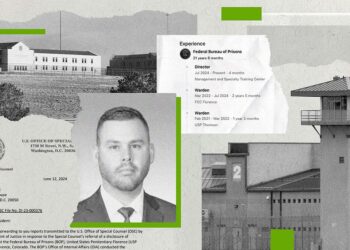 A collage shows a black-and-white image of Federal Correctional Complex, Florence, Colo.; a clipping of a letter to the president from the U.S. Office of Special Counsel; a black-and-white head shot of a White man wearing a blazer and tie; a ripped page detailing work experience; and a black-and-white image of U.S. Penitentiary, Thomson, Ill.