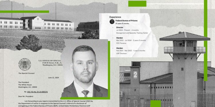 A collage shows a black-and-white image of Federal Correctional Complex, Florence, Colo.; a clipping of a letter to the president from the U.S. Office of Special Counsel; a black-and-white head shot of a White man wearing a blazer and tie; a ripped page detailing work experience; and a black-and-white image of U.S. Penitentiary, Thomson, Ill.