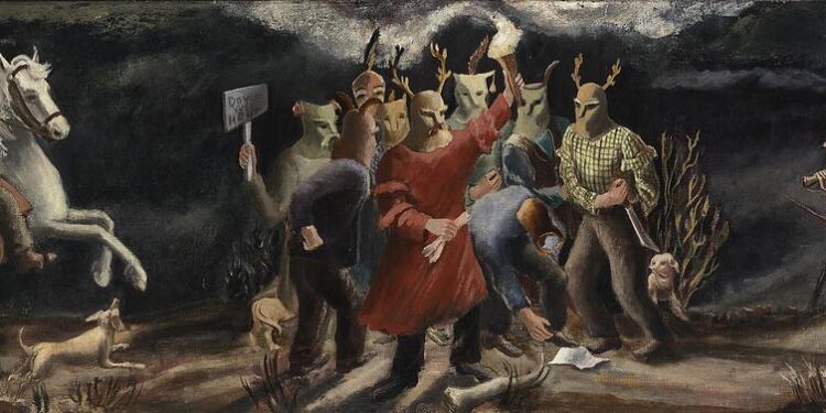 A painted artwork shows a group of protesters with masks and antlers. One protester is holding a torch, while another holds a sign that reads "Down With Rent."