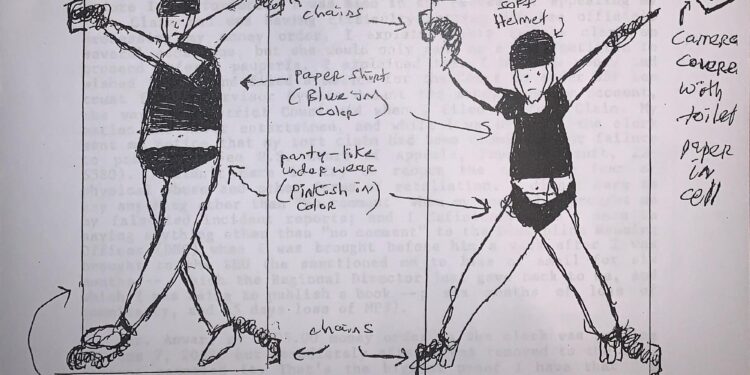 A drawing featuring two different examples of a body being held in a four-point restraint. The drawing on the left shows a person with their arms and legs crossed and chained to the corners of a bed. The drawing on the right has a person wearing a helmet and their arms and legs chained to the corners of a concrete slab.