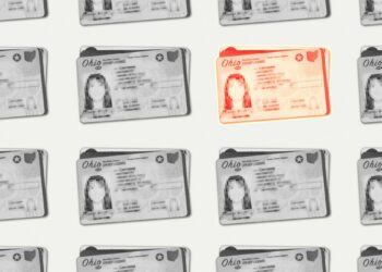 A photo illustration shows a grid of black-and-white Ohio driver’s licenses. One license is highlighted in red.