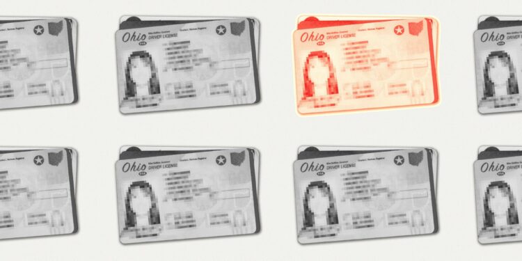 A photo illustration shows a grid of black-and-white Ohio driver’s licenses. One license is highlighted in red.