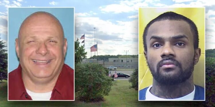 Collage of officer Andrew Lansing, who lost his life in inmate assault, and alleged attacker Rashawn Cannon with an overlaid text reading 'Cannon's release date was Aug. 5, 2030'