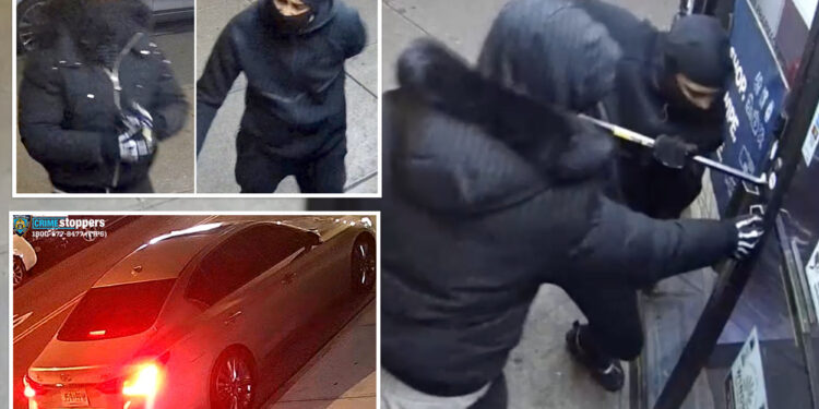 Video shows bumbling burglars using crowbar to break into NYC drug store — but they fled empty-handed