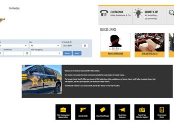 Clockwise from top left, the Medina County Sheriff’s Office online lookup shows a sheriff’s star, and fields to look up a detainee’s name, race, sex, release date and more; Franklin County’s lookup shows quick links including detainee information; and the Summit County Sheriff’s Office page shows a link to view the detainee roster.
