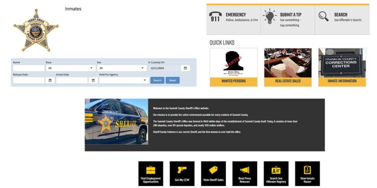 Clockwise from top left, the Medina County Sheriff’s Office online lookup shows a sheriff’s star, and fields to look up a detainee’s name, race, sex, release date and more; Franklin County’s lookup shows quick links including detainee information; and the Summit County Sheriff’s Office page shows a link to view the detainee roster.