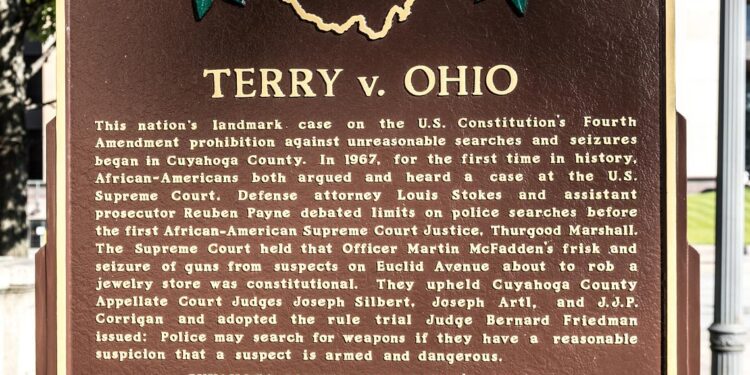 A brown historical marker with the words “TERRY v. OHIO” at the top center of the plaque. Underneath is a short history of the Terry v. Ohio case.