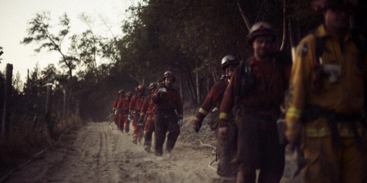 Several firefighters are walking on a dirt path in a line.