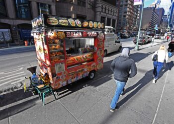 Food vendor cart at the corner of 8th Ave and 49th St., NYC where an assault on the cart worker occurred