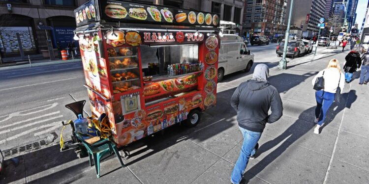 Food vendor cart at the corner of 8th Ave and 49th St., NYC where an assault on the cart worker occurred