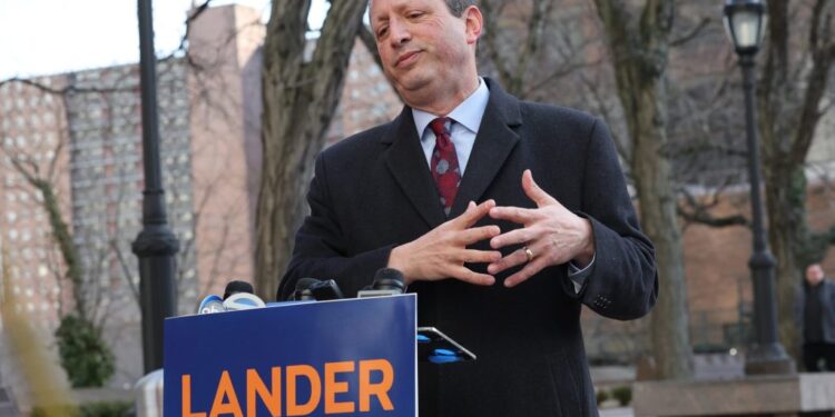 Brad Lander in a suit making a public safety announcement at a podium outside 1 Police Plaza downtown