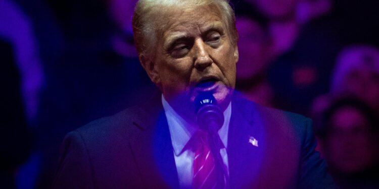 A photograph of President Trump, a White man in a suit and tie, speaking at a podium behind pink and blue orbs of light.