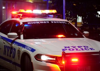 A general view of an NYPD Highway police car as seen at night in the Bronx, NY on August 3, 2024.