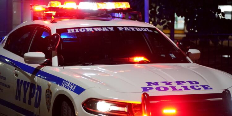 A general view of an NYPD Highway police car as seen at night in the Bronx, NY on August 3, 2024.