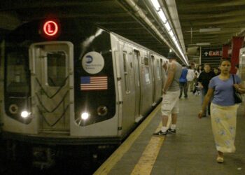 The L Train was voted best subway in NYC, here seen on Friday, 07/25/03; here seen pulling into Myrtle Ave. in Brooklyn.