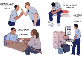 An illustration shows a man with medium skin tone and black hair wearing a blue prison uniform in four scenarios. Clockwise from the top left: The man raises his fists in front of a White man in a prison uniform who is yelling and pointing at him; the man sits on his bed with his head down, looking at a piece of paper; the man sits at a table in front of a woman with a ponytail and medium-dark skin tone; the man stands in an office in front of a laptop, where a woman on a screen is speaking to him. There are four quotes around the figures that read: “It’s a dangerous place here. It got to the point where I had to defend myself.” - Giovanni Lee, “Long story short, they never investigated what happened. They just found me guilty.” - Lamont Clark, “You all had my fate sealed before I even got in the room.” - Edward Navone, and “I’m about to go home. They ended up maxing me out, giving me my whole time.’”- Giovanni Lee