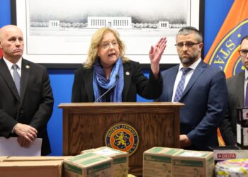 District Attorney Anne T. Donnelly and Nassau County Police Commissioner Patrick Ryder addressing the media about a multi-million-dollar money laundering investigation in Mineola, NY