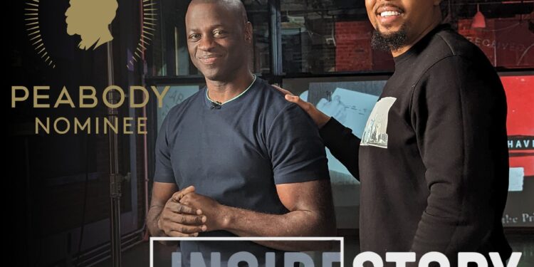 A photograph shows Lawrence Bartley, a Black man in a navy T-shirt on the left, and Donald Washington, a Black man in a black sweatshirt on the right. The words "Peabody Nominee" in a logo featuring a silhouette of a person's head, and a logo reading "Inside Story" are situated over the photograph.