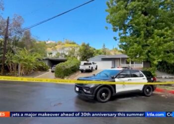 The crime scene iin Woodland Hills, Los Angeles, where police found the murdered Aleksandre Modebadze