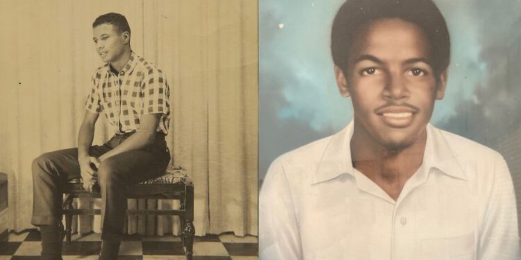 A photo diptych shows a sepia-toned photo of a young Black man, left, and a color photo of a Black teenager. The man on the left is wearing a checked shirt, and the teenager is wearing a white button-down shirt.