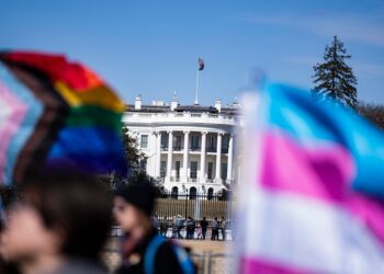 The White House, a white, multi-story building with columns and a flag on top, is visible between an out-of-focus rainbow-colored flag held up by protesters and an out-of-focus blue, pink and white flag.