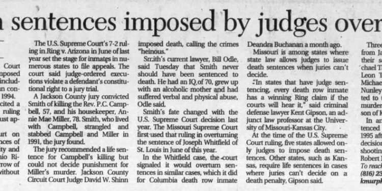 A Kansas City Star news clipping cites the Missouri Supreme Court overturning three death sentences imposed by judges.